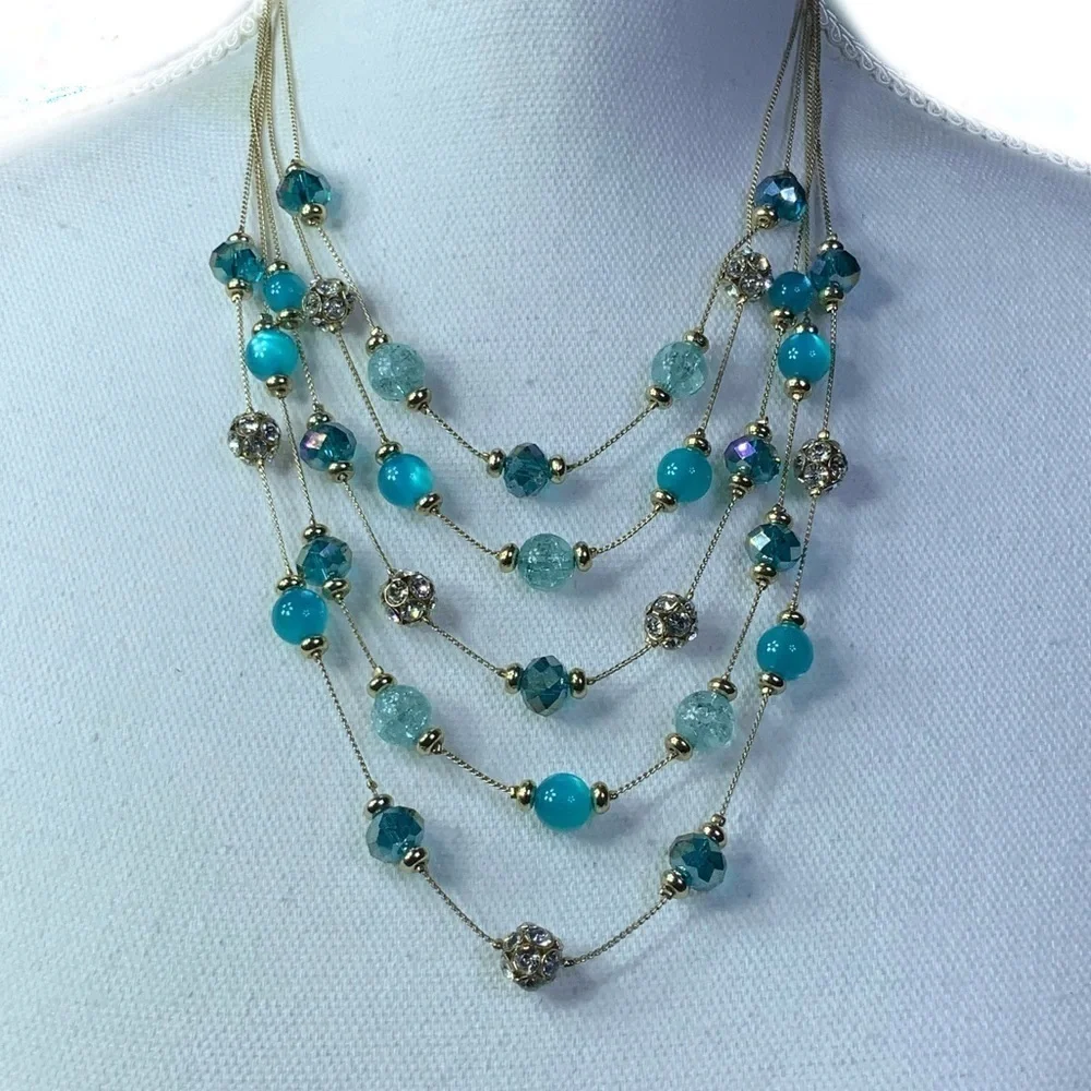 Glass Bead Crystal Necklace Cascade 5 Layer Faceted Sparkly By M. Haskell Blues
